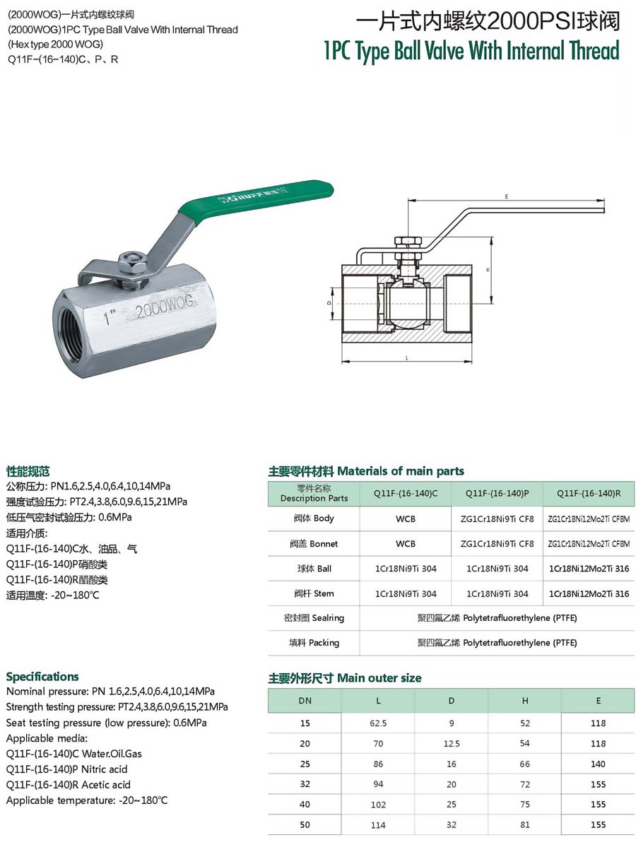一片式内螺纹2000PSI球阀